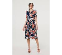 Izabel London Floral V-Neck Pleated Midi Wrap Dress - Navy - 20