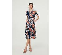 Izabel London Floral V-Neck Pleated Midi Wrap Dress - Navy - 16