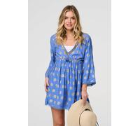 Izabel London Foiled Leaf Print Short Beach Dress - Blue - 10