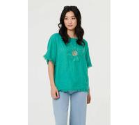 Izabel London Frayed Edge Floral Embellished Top - 8 - Blue