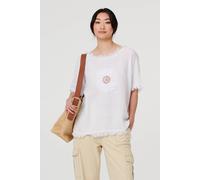 Izabel London Frayed Edge Floral Embellished Top - 10 - White