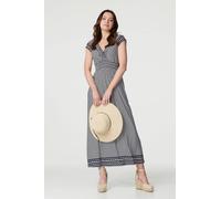 Izabel London Geo Border Print Empire Maxi Dress for Women UK with Frill v-Neck, Cap Sleeves and Empire Waist.