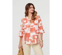 Izabel London Geo Print 3/4 Flared Sleeve Blouse In Orange Orange 8