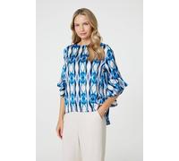 Izabel London Geo Print 3/4 Flute Sleeve Curve Hem Blouse In Blue Blue
