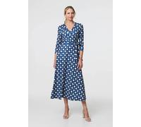 Izabel London Geo Print 3/4 Sleeve Midi Wrap Dress In Blue Blue 14