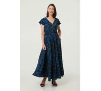Izabel London Geo Print Cap Sleeve Ruched Maxi Dress - 8 - Blue