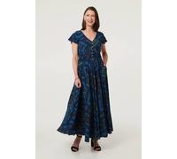 Izabel London Geo Print Cap Sleeve Ruched Maxi Dress In Blue Blue 8