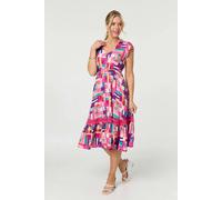 Izabel London Geo Print Cap Sleeve Shirred Midi Dress - 12 - Pink