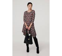 Izabel London Geo Print Hanky Hem 3/4 Sleeve Midi Dress In Orange Orange 12