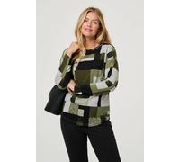 Izabel London Geo Print Long Sleeve Relaxed Top In Light Khaki Light Khaki 10