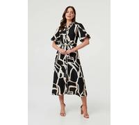 Izabel London Geo Print Puff Sleeve Tie Midi Dress - 10 - Black