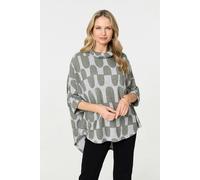 Izabel London Geo Print Roll Neck Oversized Top for Women UK with Round Neck, 3/4 Sleeves and Longline fit. Green