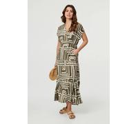 Izabel London Geo Print Ruched Tiered Maxi Dress - 8 - Green