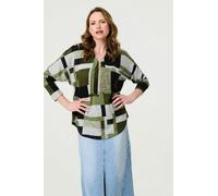 Izabel London Geo Print Zip V-Neck Curve Hem Top - Green - 10