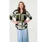 Izabel London Geo Print Zip V-Neck Curve Hem Top - Green - 8