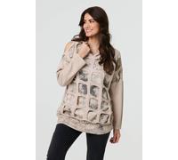 Izabel London Graphic Print Cut Out Layer Hoodie In Beige Beige 8-10