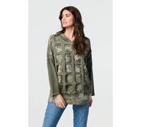 Izabel London Graphic Print Cut Out Layer Hoodie In Khaki Khaki 8-10