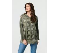 Izabel London Graphic Print Cut Out Layer Hoodie - Khaki - 8-10