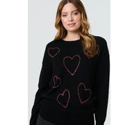Izabel London Heart Embellished Long Sleeve Jumper for Women UK with a Round Neck, Made from a Viscose Blend. Black