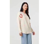 Izabel London Heart Print Batwing Sleeve Jumper - Beige - S/M