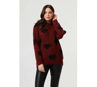 Izabel London Heart Print Denim Trim Collar Jumper - Burgundy - M/L