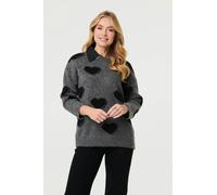 Izabel London Heart Print Denim Trim Collar Jumper - Grey - S/M