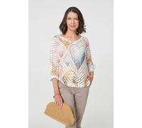 Izabel London Heart Print Open Knit 3/4 Sleeve Top for Women UK with Batwing Sleeves and a semi Sheer Texture. Pink