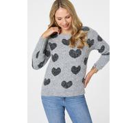 Izabel London Women's Heart Print Texture Drop Shoulder Jumper in Grey | Size: 12 Izabel London Grey 12