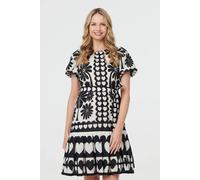 Izabel London Heart Print Tie Waist Short Skater Dress In Black Black 10