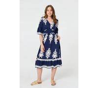 Izabel London Ikat Print 1/2 Flared Sleeve Midi Dress In Blue Blue 16