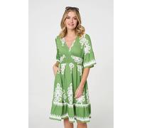 Izabel London Ikat Print 1/2 Sleeve Relaxed Short Dress - Green - 8
