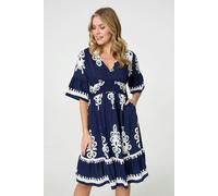 Izabel London Ikat Print 1/2 Sleeve Relaxed Short Dress - Navy - 12