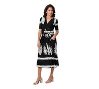 Izabel London Ikat Print 1/2 Sleeve Wrap Midi Dress for Women UK with Pleats, Pockets and a Faux wrap Waist.