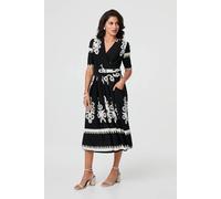 Izabel London Ikat Print 1/2 Sleeve Wrap Midi Dress - Black - 20