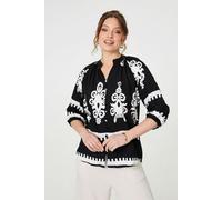Izabel London Ikat Print 3/4 Sleeve Relaxed Blouse - Black - 12