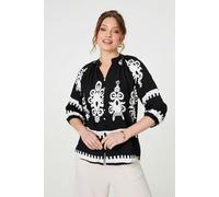 Izabel London Ikat Print 3/4 Sleeve Relaxed Blouse - Black - 16