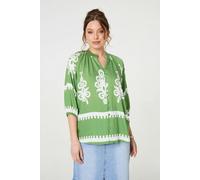 Ikat Print 3/4 Sleeve Relaxed Blouse Izabel London Green 10