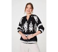 Ikat Print 3/4 Sleeve Relaxed Blouse Izabel London Black 14