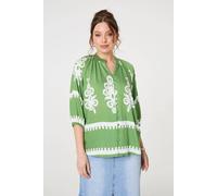 Izabel London Ikat Print 3/4 Sleeve Relaxed Blouse In Green Green 18