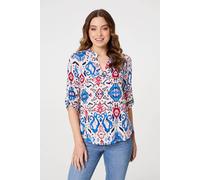 Izabel London Ikat Print 3/4 Sleeve V-Neck Blouse In Blue Blue 10