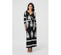 Izabel London Ikat Print 3/4 Sleeve Wrap Maxi Dress - Black - 24