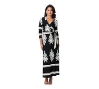 Izabel London Ikat Print 3/4 Sleeve Wrap Maxi Dress for Women UK with a v-Neck, a tie Waist and an a-line Shape. Black