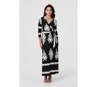 Izabel London Ikat Print 3/4 Sleeve Wrap Maxi Dress In Black Black 16