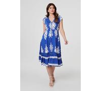 Izabel London Ikat Print Cap Sleeve Lace Midi Dress In Blue Blue 10