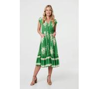 Izabel London Women's Ikat Print Cap Sleeve Shirred Midi Dress in Green | Size: 12 Izabel London Green 12
