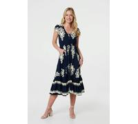 Izabel London Women's Ikat Print Cap Sleeve Shirred Midi Dress in Blue | Size: 16 Izabel London Blue 16