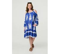 Izabel London Ikat Print Cut Out Knee Length Sun Dress - Blue - 18