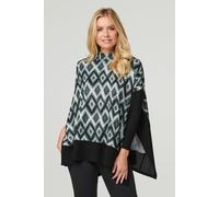Izabel London Ikat Print High Neck Oversized Top for Women UK with high Neck, 3/4 Sleeves and Thigh Length Hem. Green