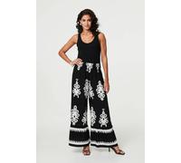 Izabel London Ikat Print High Waist Wide Leg Trousers In Black Black S