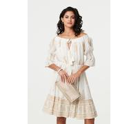 Ikat Print Knee Length Bardot Dress Izabel London White 14